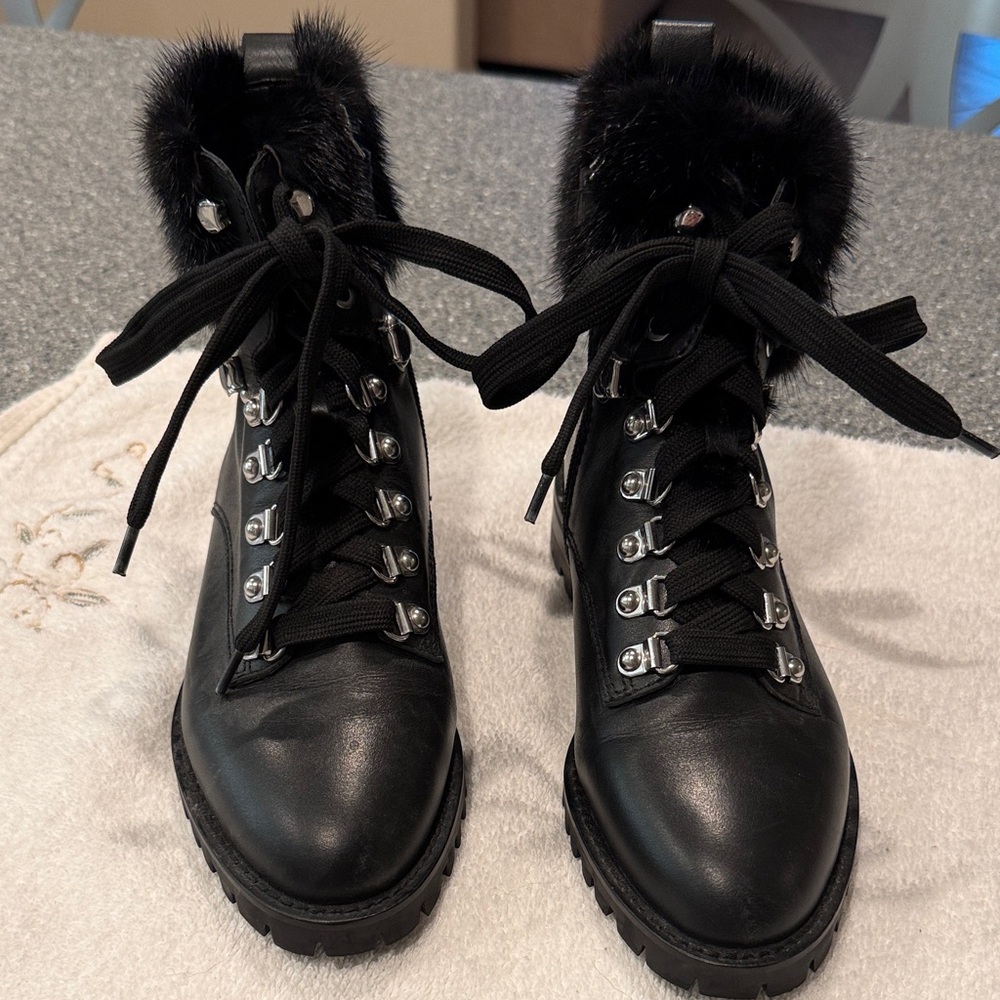 Rebecca Minkoff Black Fur-Trimmed Leather Combat Boots size 7M